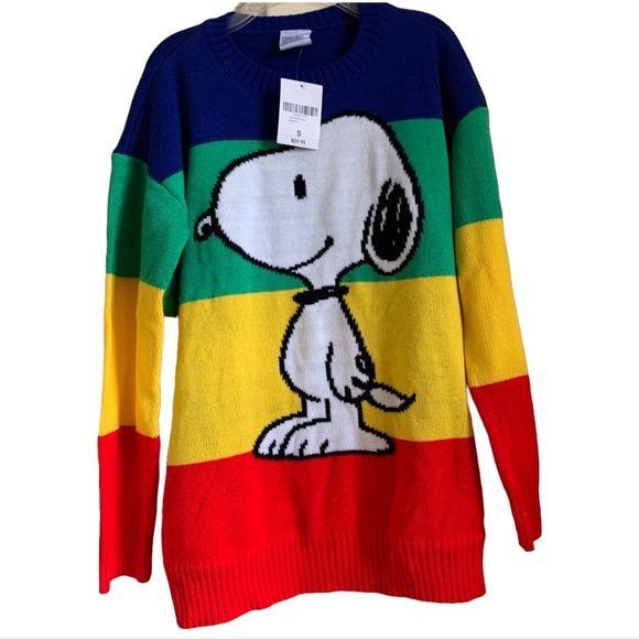 NWT PEANUTS Women’s Snoopy Rainbow Striped Crewneck Acrylic Sweater Sz S - Picture 2 of 6